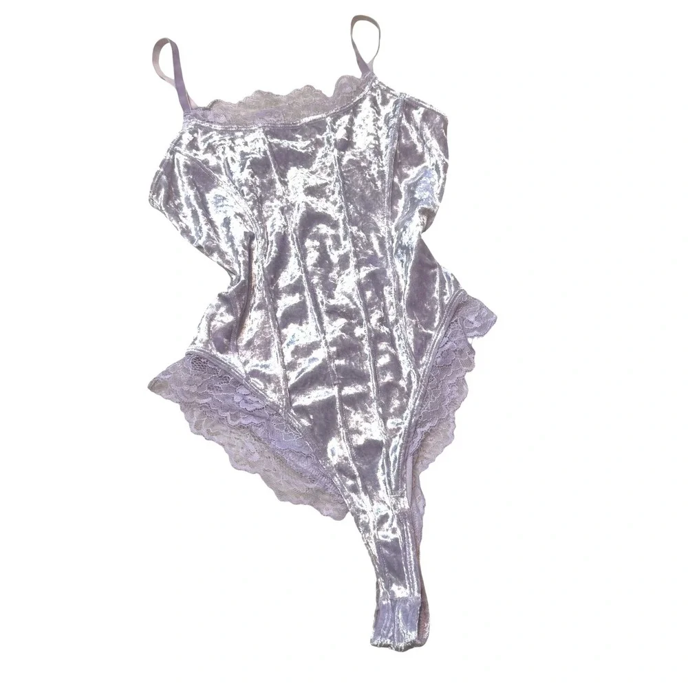 Womens Romantic Feminine Lingerie Lace Trim Velvet Bodysuit Purple Small